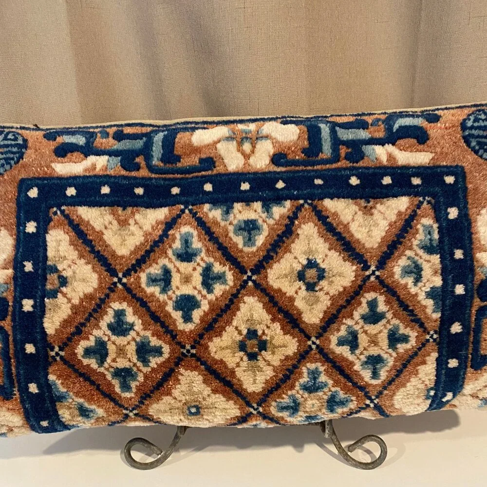 Vintage Turkish Wool Carpet Pillow 24x14‎ Handwoven Blue Brown Accent